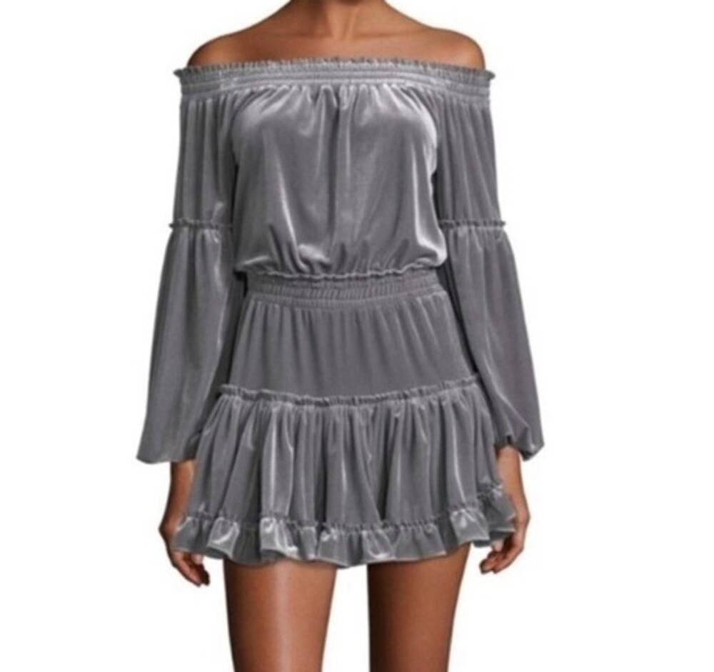 MISA - Los Angeles Talin Metallic Velvet Dress Off Shoulder Ruffle Mini - Small